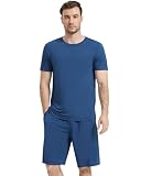 Picture of NACHILA Pajamas for Men-Viscose Made from Bamboo, Short Sleeve Pjs Crew Neck Loungewear Cool Sleepwear with Shorts Pants Dark Blue L