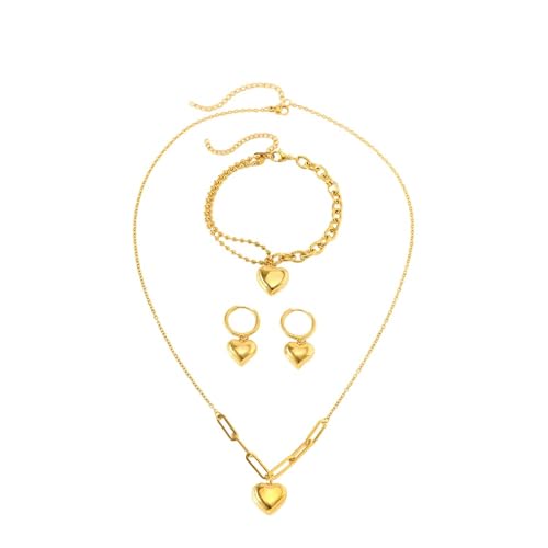 TTPSRY Conjunto Joyas Corazón Collar Pulsera Pendientes Acero Inoxidable Plateado Cadena Eslabones Mujer Adorno Elegante