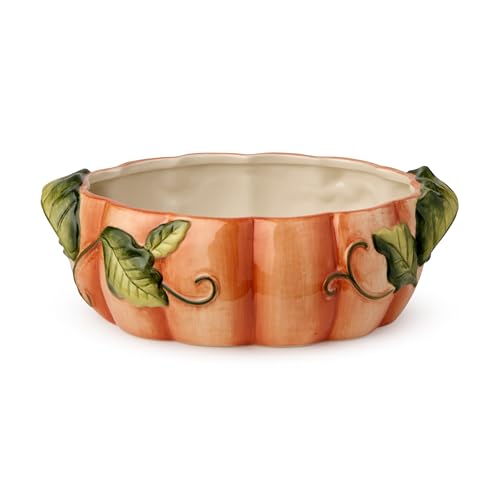 Harvest Fields 3D Pumpkin Shallow Serving Bowl – 10” x 7” Ceramic Farmhouse Bowl for Fall Side Dishes, Salads & Holiday Feasts – 32oz Capacity – Perfect for Thanksgiving & Autumn Entertaining