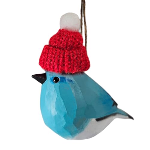 Bluebird Wooden Christmas Ornament with Red Knit Hat, Hand‑Painted Carved Wood Bird, Ready‑to‑Hang Twine, Gift Box Included, 3.7 in L - Holiday Tree Decor, Rustic Farmhouse Winter Accent