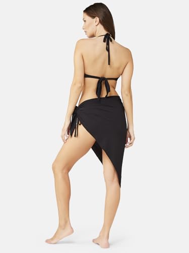 Image of ZeroKaata Stretchable Ribbed Bikini Set with Sarong Skirt for Women | 3 Piece Swimsuit & Beach Wear Set | Vacation, Resort Wear, Pool Party & Holiday Swimwear