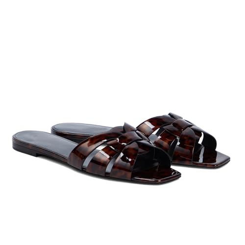 Image of THESHY Women's Flat Sandals Square Toe Patent Leather Comfortable Slip on Slippers Casual Summer Dressy Beach Slide Sandals for Women