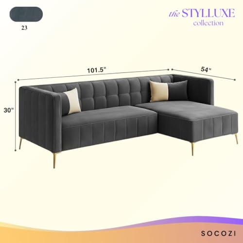 Image of SOCOZI Stylluxe 6 Seater Velvet Fabric RHS L Shape Sofa Set for Living Room |Fabric L Shape Sofa Set for Home & Office (Dark Grey)