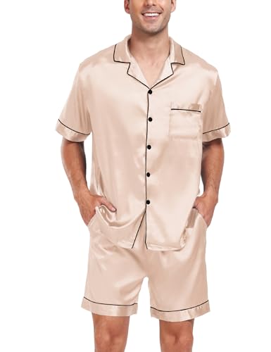 Image of SWOMOG Men Satin Silk Pajamas Sets Short Sleeve Sleepwear Button-Down PJs Sets Two-Pieces Loungewear with Pockets