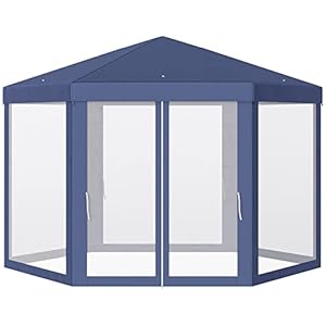 Outsunny paviljoen partytent tent tuintent feesttent tent 6-hoekig, polyester+metaal, blauw/crème, 390x390x245 cm (blauw)