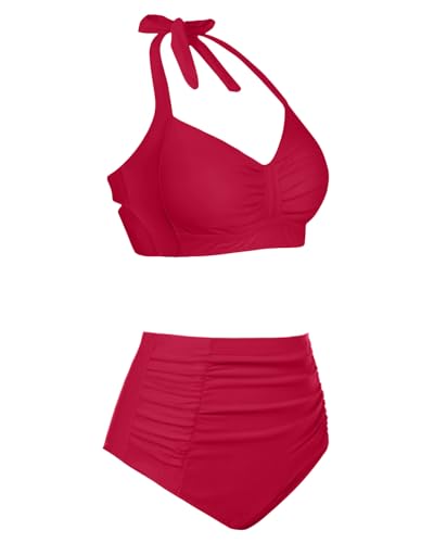 Image of Holipick Women High Waisted Bikini Set Two Piece Swimsuit Tummy Control Bathing Suit Vintage Halter Swimwear