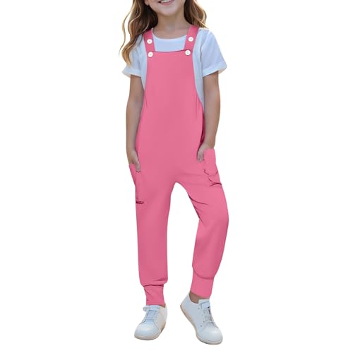 Mjjsk Salopette unie pour filles - Salopette décontractée pour enfants - Sans manches - Bretelles sarouel - Confortables et douces - Avec poches, rose vif,...
