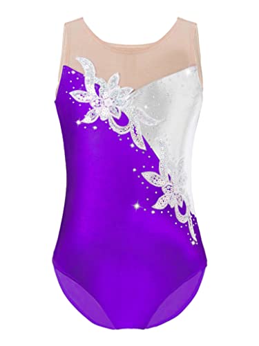 Runhomal Justaucorps de Gymnastique Artistique Fille Enfant Paillettes Fleurs Leotard Tenue de Gymnastique Survêtement Competition Sport Spectacle 3-16 Ans Violet 7-8 Ans Cover