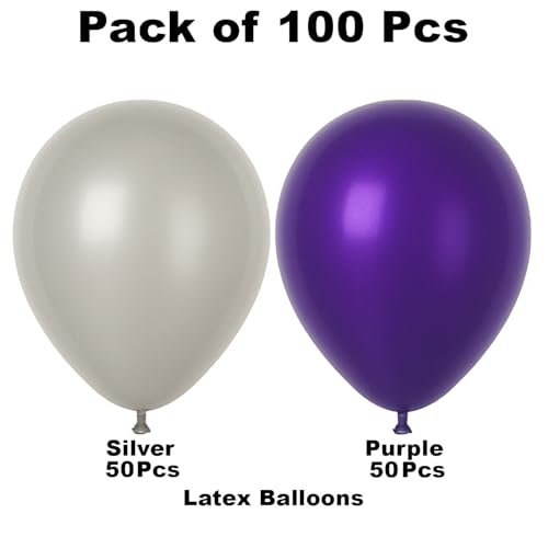 Image of Rozi Decoration Metallic Rubber Balloons For Birthday Anniversary Baby Shower Party Silver and Purple Pack Of 200 Piece