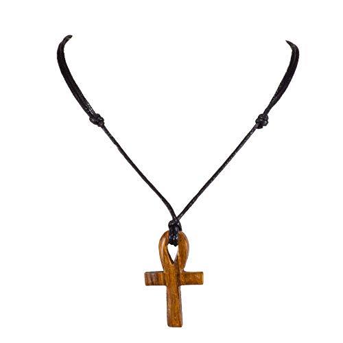 BlueRica Hand Carved Wood Ankh Cross Pendant on Adjustable Black Rope Cord Necklace