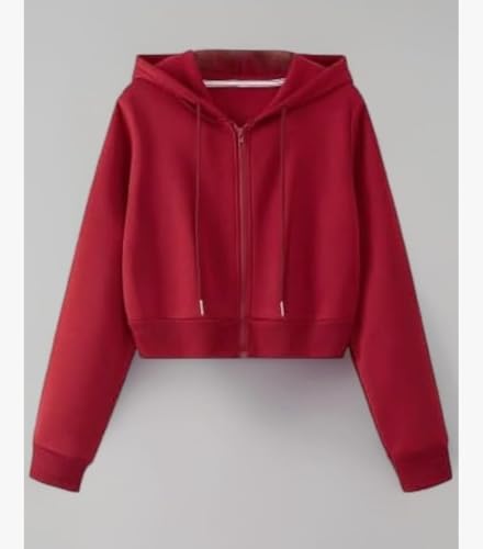 Image of Rabboni Women's Crop Fleece Hoodie Jacket | Full Sleeve Zip-Up Hooded Sweatshirt for Women & Girls | Soft Warm Casual Winter Wear Crop Hoodie