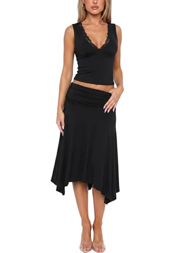FWBBG Womens Sexy 2 Piece Skirt Sets Deep V Neck Lace Trim Tank Top Ruched Waist Midi Skirt Going Out Outfits Set (Black Small)