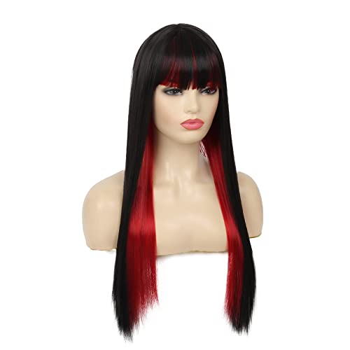 Image of Swiking Black and Red Long Straight Wigs with Bangs for Women Two Tone Heat Resistant Synthetic Wig for Daily Cosplay Halloween Party Use