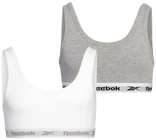 Reebok Girls' Bralette - Cotton Stretch Crop Cami Bralette (2 Pack), Size Large, White/Heather Grey