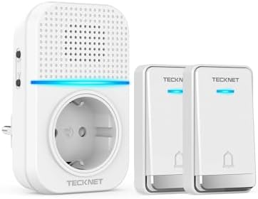 TECKNET Funkklingel Batterielose, Funkklingel mit Steckdose, Funk Türklingel mit 2 Sender, IP65 Funkklingel aussen Wasserdicht, 400m, 60 Melodien, 5 Stufen Volumen, LED-Blinken – f