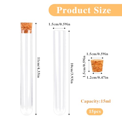 Plastic Test Tubes with Lids, 15x100mm (15ml) Clear Vials with Seal Cap Container Transparent Test Tubes with Cork Stoppers for Jewelry Seed Beads Powder Spice Liquid Storage (15 PCS) - Thumbnail 2