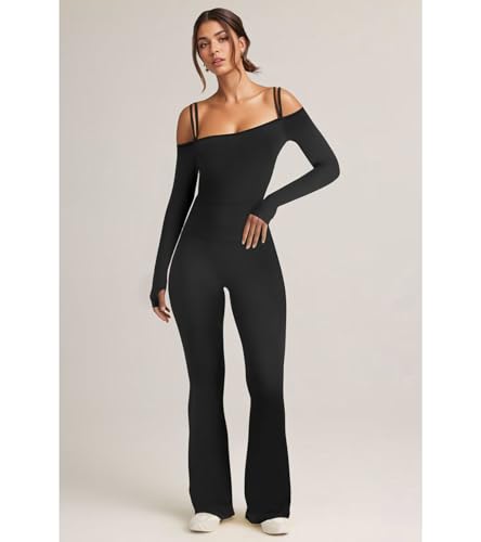 Image of Jigfar Womens Sexy Elegant Spaghetti Straps Off Shoulder Bodycon 1 Piece Casual Flare Leg Jumpsuit(6013,Black,M)