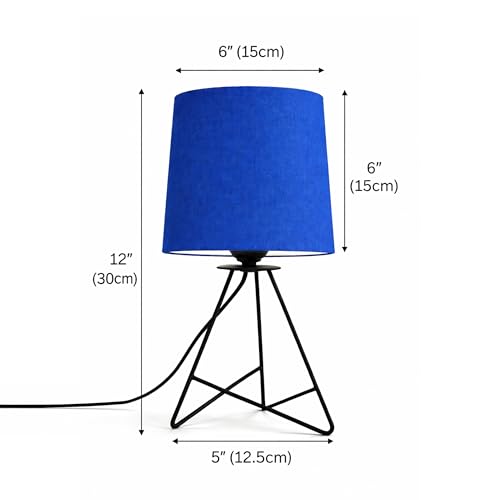 Image of Modern Black Tripod Table Lamp with Taper Fabric Shade | Metal Base Bedside Lamp for Bedroom, Living Room, Study, Office & Nightstand | Decorative Table Light (Blue)