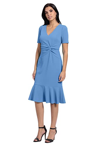 Image of London Times Women's V-Neck Dress - Flounce Hem, Twist Waist, Elegant Office & Event Wear