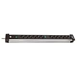 Interruptor Brennenstuhl Premium-ALU-Line regleta 12 enchufes y 2 interruptores Individuales (Cable de 3m, Fabricada en Aluminio, interruptores Independientes, protección Infantil) Plateado/Negro