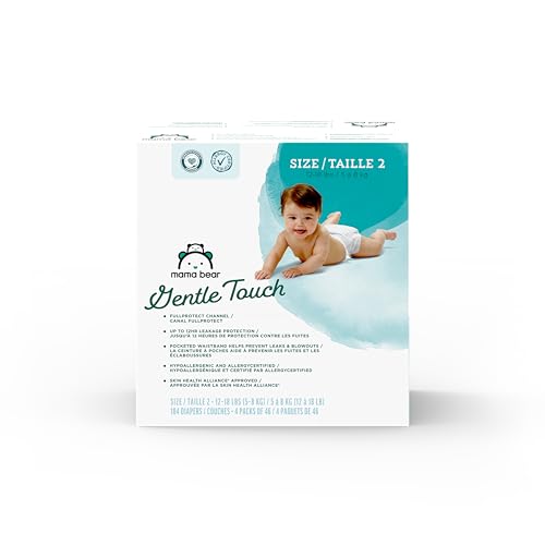 Image of Amazon Brand - Mama Bear Gentle Touch Diapers, Size 2, 184 Count (4 packs of 46)
