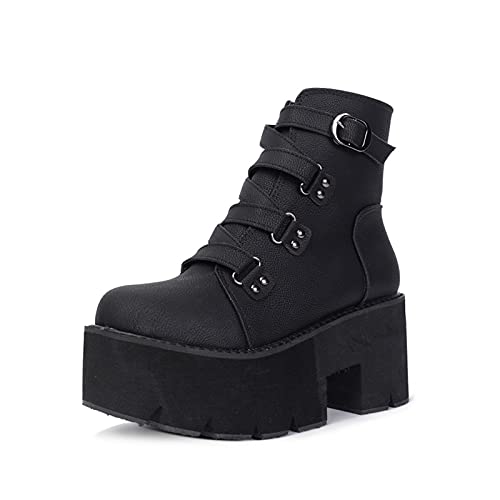 Mode Femmes Bottines Talons, Compensés Bottes Talons Compense Sexy Dentelle Mode Ankle Boots Bottines, Plateforme Cavalières Boots,Noir,42 Cover