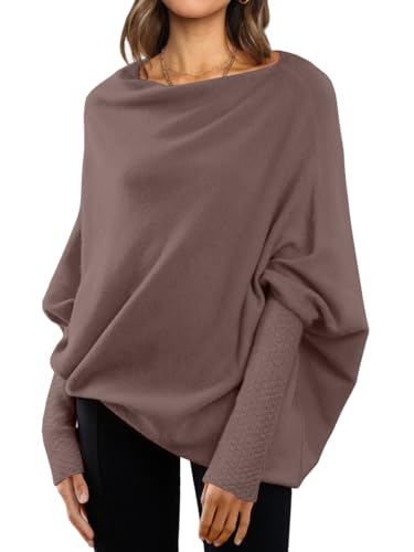 LILLUSORY Womens Batwing Oversized Sweaters Assymetrical Off The Shoulder Boat Neck Wrap Tunic Tops Fall
