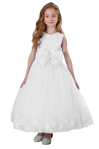 Tulle Flower Girl Dresses for Wedding with Appliques Pageant Dresses Crewneck Sleeveless Formal Ball Gown with Bow