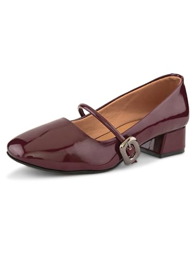 Image of XE Looks Women's Mary Jane Strap Block Heel Pumps with Glossy Upper | Closed Toe Design | Soft Cushioned Insole | Stable Supportive Heel for Girls & Women Black