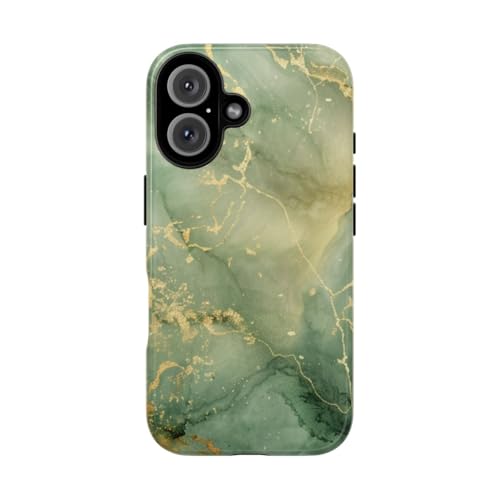 Coque iPhone 16 marbre vert et doré rigide brillante de protection