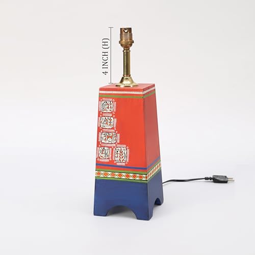 Image of AAKRITI ART CREATIONS Pyramid-I Wooden Table Lamp in Red with Wali Art Paintings & White Shade | Multi Color Wooden Lamp | Matte Finish Home Decor Lamp