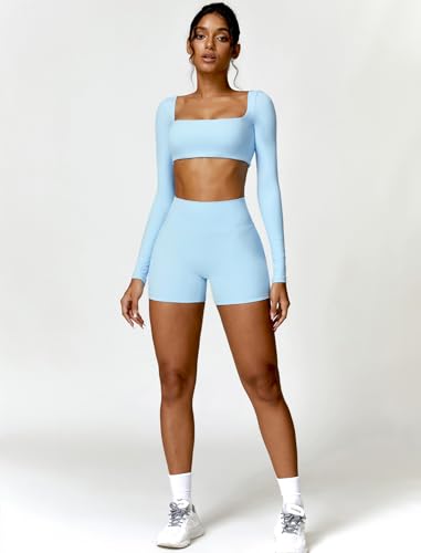 Image of ABOCIW Women Square Neck Long Sleeve Workout Crop Top Low Medium Impact Athletic Yoga Gym Shirts with Built in Bra(ONLY TOP)