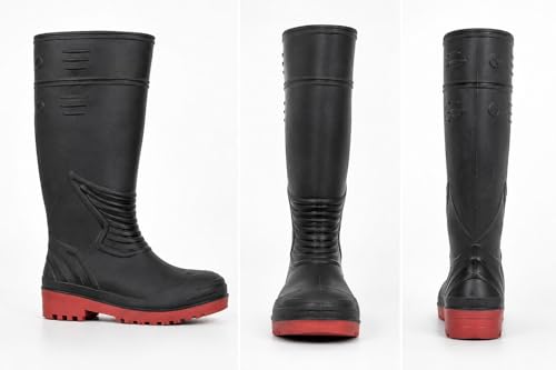 Image of Men's PVC Gumboot, Black with Red Anti-Slip Sole, 16 Inch, Water & Oil Resistant, Reinforced Toe, Labour Safety Boot