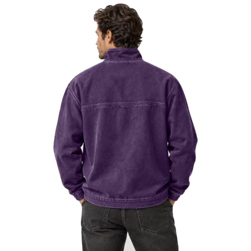 Men's Denim Shirt Washed Vintage 1/4 Zip Pullover Shirt with Pockets - image 7
