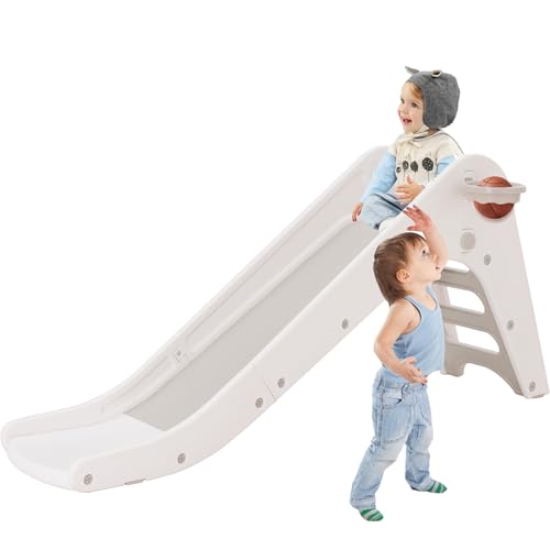Rutsche Indoor Outdoor für Kinder, Kinderrutsche Faltbare mit Basketballkorb, Gartenrutsche Kleinkinderrutsche, Kinder Rutsche ab 1 2 3 Jahre (Große Rutsche – Weiß)