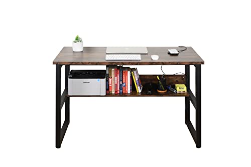 Computer Study Desk with Bookshelf, Large Home Office Desk with Storage and Shelf Industrial Study Writing Drawing Table with Space Saving Design Modern Simple Style Laptop Table - Image 5