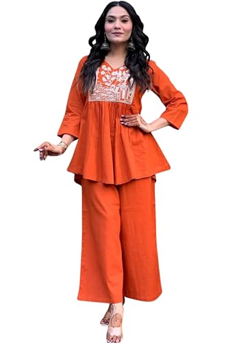 Image of Women's Rayon Kurti Set with Palazzo Pants | Embroidered V-Neck A-Line Short Kurti with 3 /4 Sleeves | Casual Ethnic Co-Ord Set for Daily Wear, Office & Festive