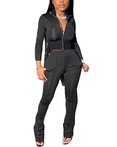 Women's Tracksuit Two Piece Outfits Bodycon Crop Jacket Bootcut Pants Jogging Set Sportswear with Pockets Solid Black M