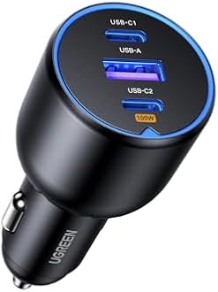 UGREEN 130W Laptop USB C Car Charger Fast Charging, 3 Ports Cigarette Lighter Adapter, PD3.0/QC4.0/PPS 45W, LED Light, Compatible with MacBook, iPad, iPhone 16 Pro Max, Galaxy S24 Ultra, Black