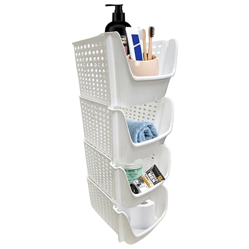 Skywin TidyFriend Plastic Stackable Storage Bins for Pantry - 4 Pack Oval Stackable Bins For Organizing Food, Kitchen, and Bathroom Essentials (White)