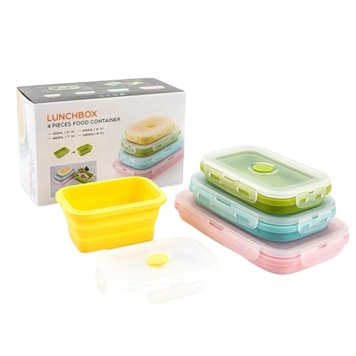 Envases De Alimentos De Silicona - 4 Piezas Recipientes de Silicona para Comida, Resistente A Olores Apilable Impermeable Plegable Reutilizable Organizador, Perfectos para Hogar, Oficina, Picnics