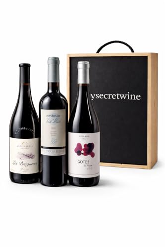 Estuche Premium 3 Vinos D.O.Q. Priorat en Caja de Madera – Les Brugueres, Embruix Vall Llach y Gotes del Priorat – Selección Gourmet Edición Regalo
