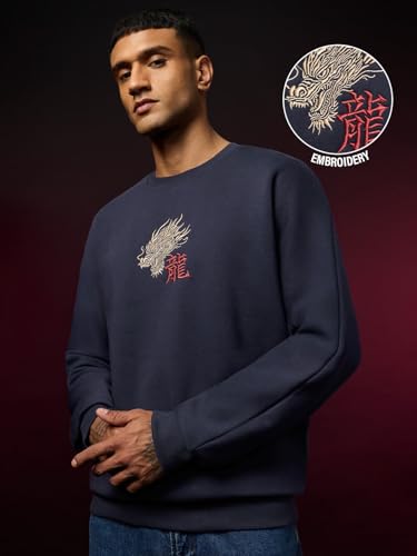 Image of The Souled Store Year of The Dragon Men and Boys Long Sleeve Round Neck Navy Blue Graphic Printed Cotton Polyester Blend Drop Shoulder Streetwear Trendy Winter Ready Oversized Sweatshirt