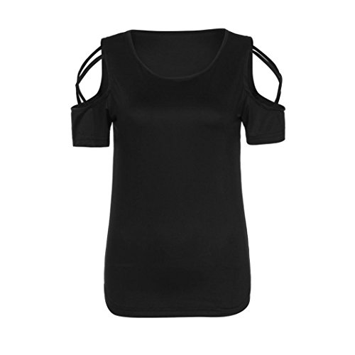 TLTL Women Summer Short Sleeve Strappy Cold Shoulder T-Shirt Tops Blouses (S, Black)
