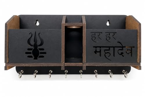 Image of Premium Har Har Mahadev Multipurpose Wooden Key Holder, Key Hanging for Wall Home, Living Room, Office Decor Key Holder Trishul Design Key Holder with Stainless Steel 8 Hooks Gift Item