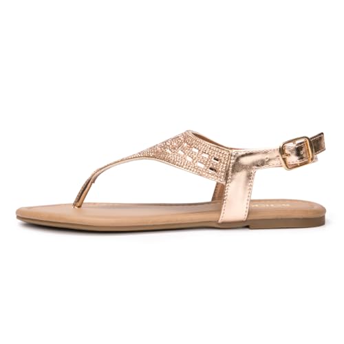 Image of BENEKER Women's Rhinestone Thong Flat Sandals T-Strap Fashion Sandals Ankle Strap Summer Gladiator Sandals