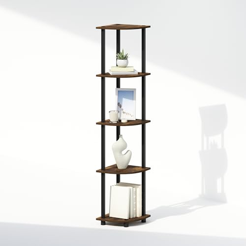 Image of Furinno Turn-N-Tube Storage Shelves, 5-Tier Book Shelf, Corner Shelf, Toolless Open Shelves, for Organization and Storage, Living Room, Home Office, Hallway, Bedroom, Amber Pine