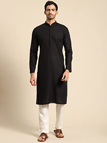 Image of Rajubhai Hargovindas Men Pure Cotton Chikankari Embroidered Straight Kurta