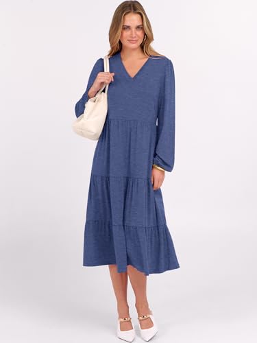 Image of ANRABESS Women's Long Lantern Sleeve Floral Midi Dresses 2026 Fall V Neck Casual Flowy A-line Tiered Boho Vacation Dress