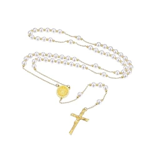 FaithHeart Rosary Beads Catholic Necklace for Men, St Michael/St Christopher/Virgin Mary Prayer Rosaries with Crucifix Cross Stainless Steel Praying Rosary Necklace Virgin Mary-Gold White Pe